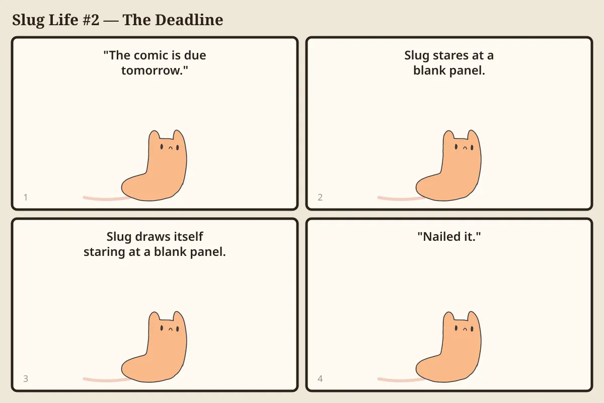 Four-panel comic. Panel 1: A voice says "The comic is due tomorrow." Panel 2: The slug stares at a blank panel. Panel 3: The slug draws itself staring at a blank panel. Panel 4: The slug says "Nailed it."