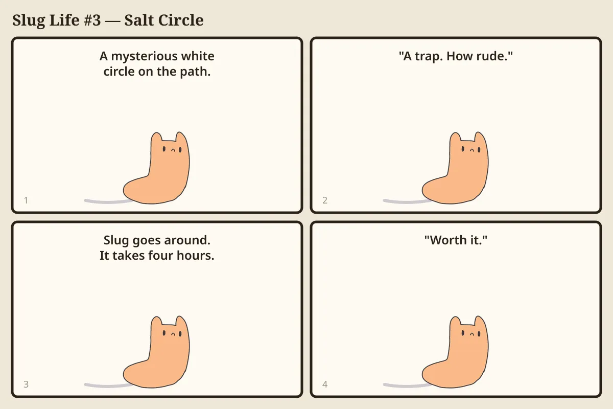 Four-panel comic. Panel 1: A mysterious white circle blocks the garden path. Panel 2: The slug says "A trap. How rude." Panel 3: The slug goes around; it takes four hours. Panel 4: The slug says "Worth it."
